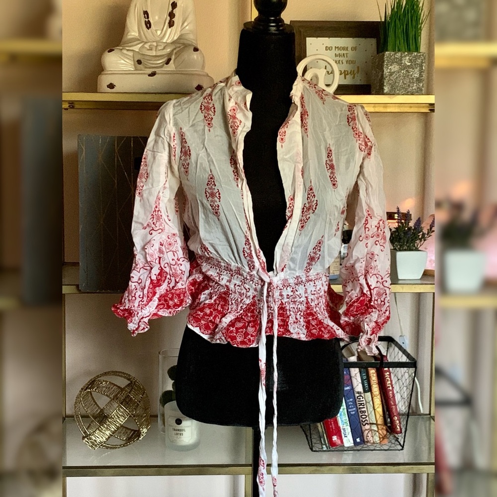 Forever 21 Paisley Smocked Waist Quarter Sleeve Tie Front V-Neck Fitted Blouse